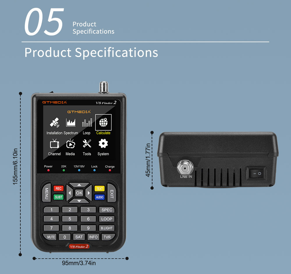 GTMEDIA V8 Finder 2 Satellite Finder Digital FTA DVB-S/S2/S2X Signal Measuring Meter Detector Receiver - Black