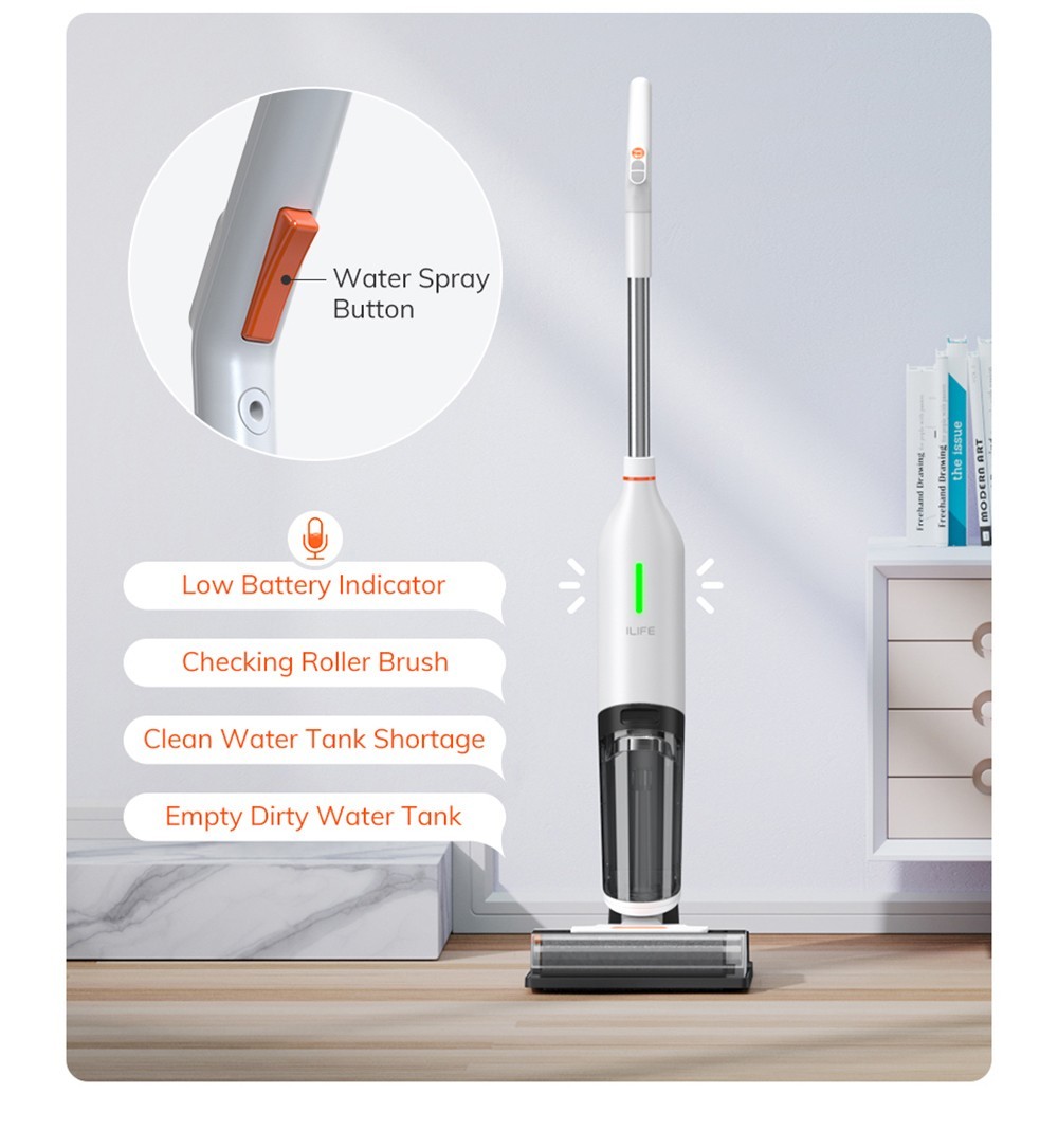 ILIFE W90 Cordless Wet Dry Vacuum Cleaner, 3-in-1 Vacuum Mop & Wash, Strong Suction Power, One-button Self-cleaning, Dual Water Tank, Voice & Light Prompts, 30min Runtime, White