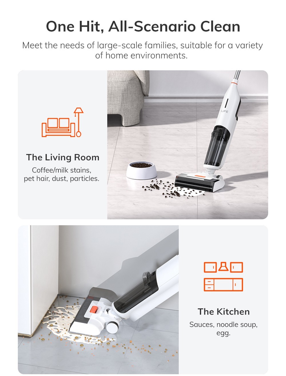 ILIFE W90 Cordless Wet Dry Vacuum Cleaner, 3-in-1 Vacuum Mop & Wash, Strong Suction Power, One-button Self-cleaning, Dual Water Tank, Voice & Light Prompts, 30min Runtime, White