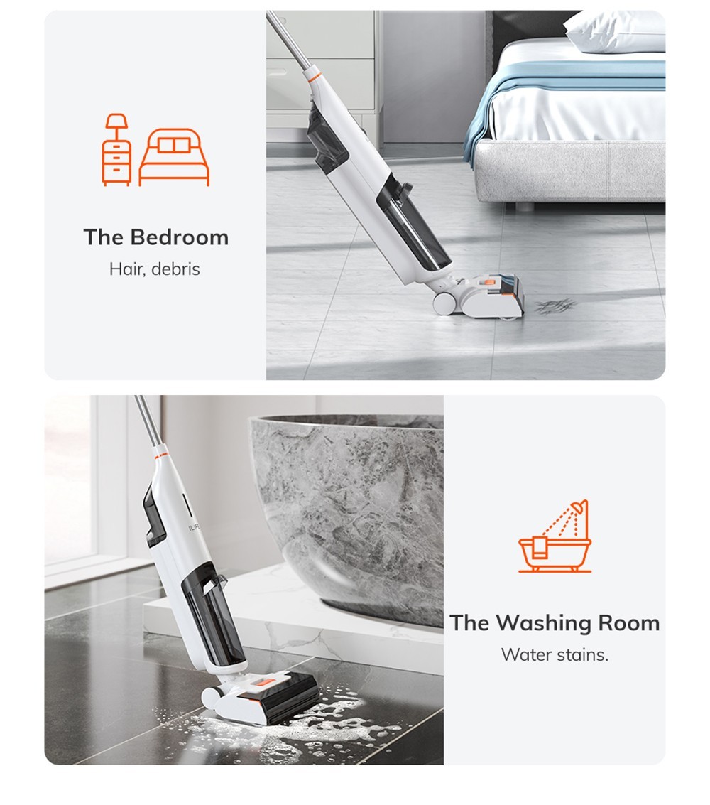 ILIFE W90 Cordless Wet Dry Vacuum Cleaner, 3-in-1 Vacuum Mop & Wash, Strong Suction Power, One-button Self-cleaning, Dual Water Tank, Voice & Light Prompts, 30min Runtime, White