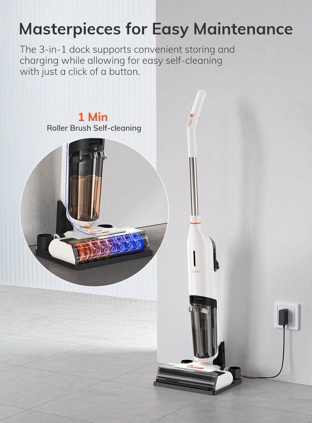 ILIFE W90 Cordless Wet Dry Vacuum Cleaner, 3-in-1 Vacuum Mop & Wash, Strong Suction Power, One-button Self-cleaning, Dual Water Tank, Voice & Light Prompts, 30min Runtime, White