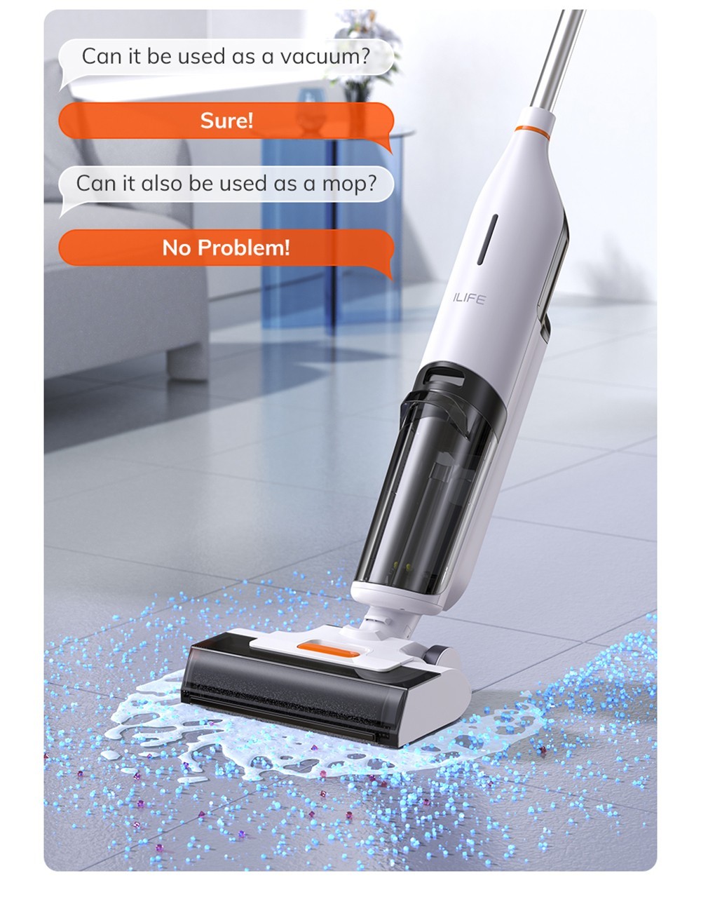 ILIFE W90 Cordless Wet Dry Vacuum Cleaner, 3-in-1 Vacuum Mop & Wash, Strong Suction Power, One-button Self-cleaning, Dual Water Tank, Voice & Light Prompts, 30min Runtime, White