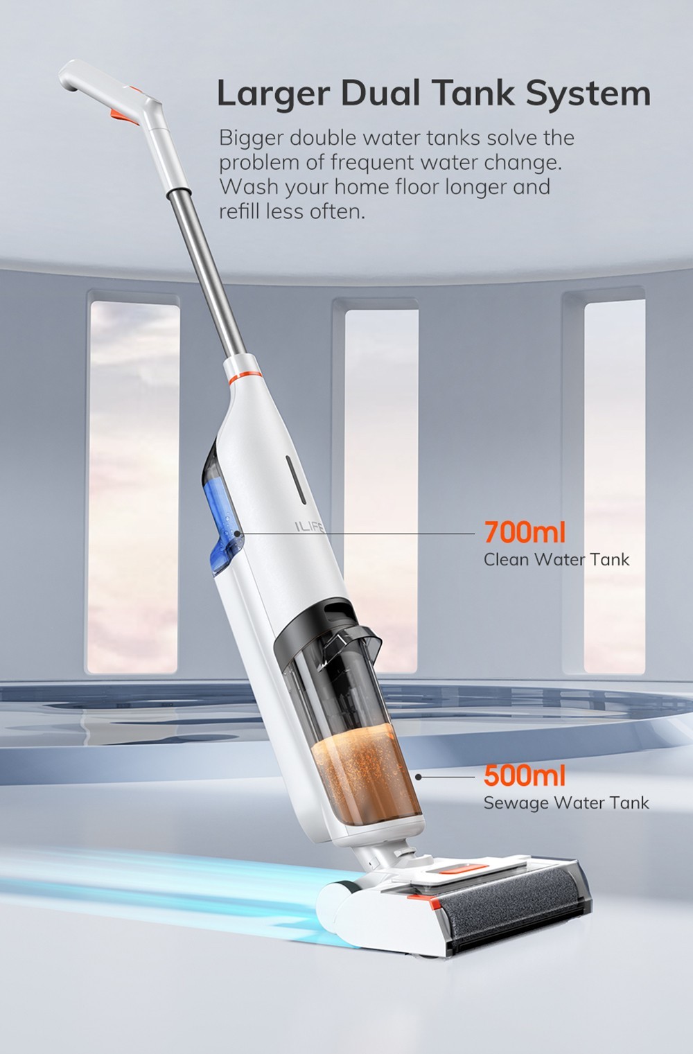 ILIFE W90 Cordless Wet Dry Vacuum Cleaner, 3-in-1 Vacuum Mop & Wash, Strong Suction Power, One-button Self-cleaning, Dual Water Tank, Voice & Light Prompts, 30min Runtime, White