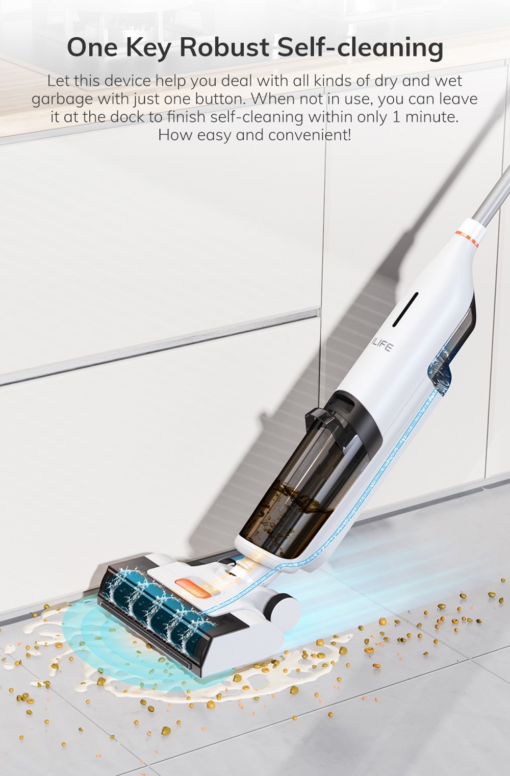 ILIFE W90 Cordless Wet Dry Vacuum Cleaner, 3-in-1 Vacuum Mop & Wash, Strong Suction Power, One-button Self-cleaning, Dual Water Tank, Voice & Light Prompts, 30min Runtime, White