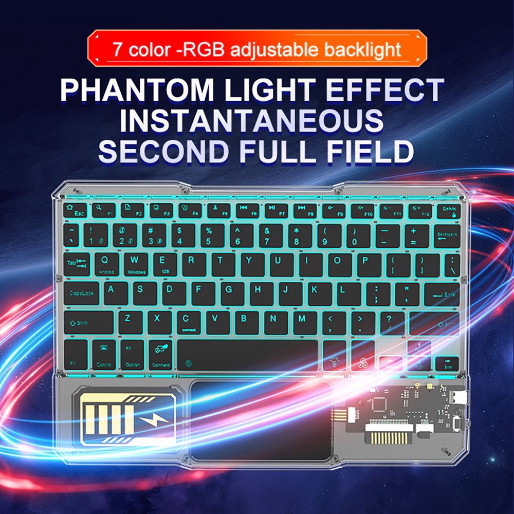KB333 Transparent 78 Keys Wireless Bluetooth Keyboard with Touchpad, Colorful Backlight - Black