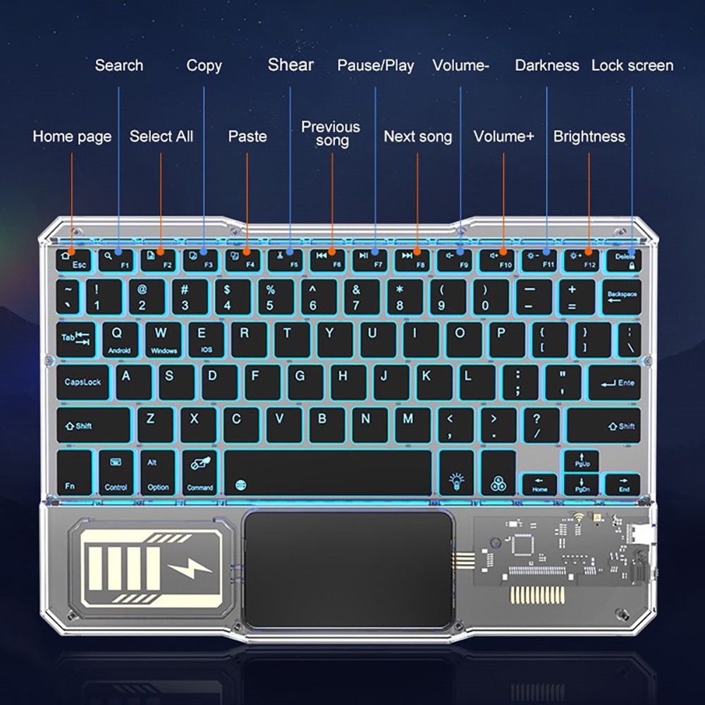 KB333 Transparent 78 Keys Wireless Bluetooth Keyboard with Touchpad, Colorful Backlight - Black