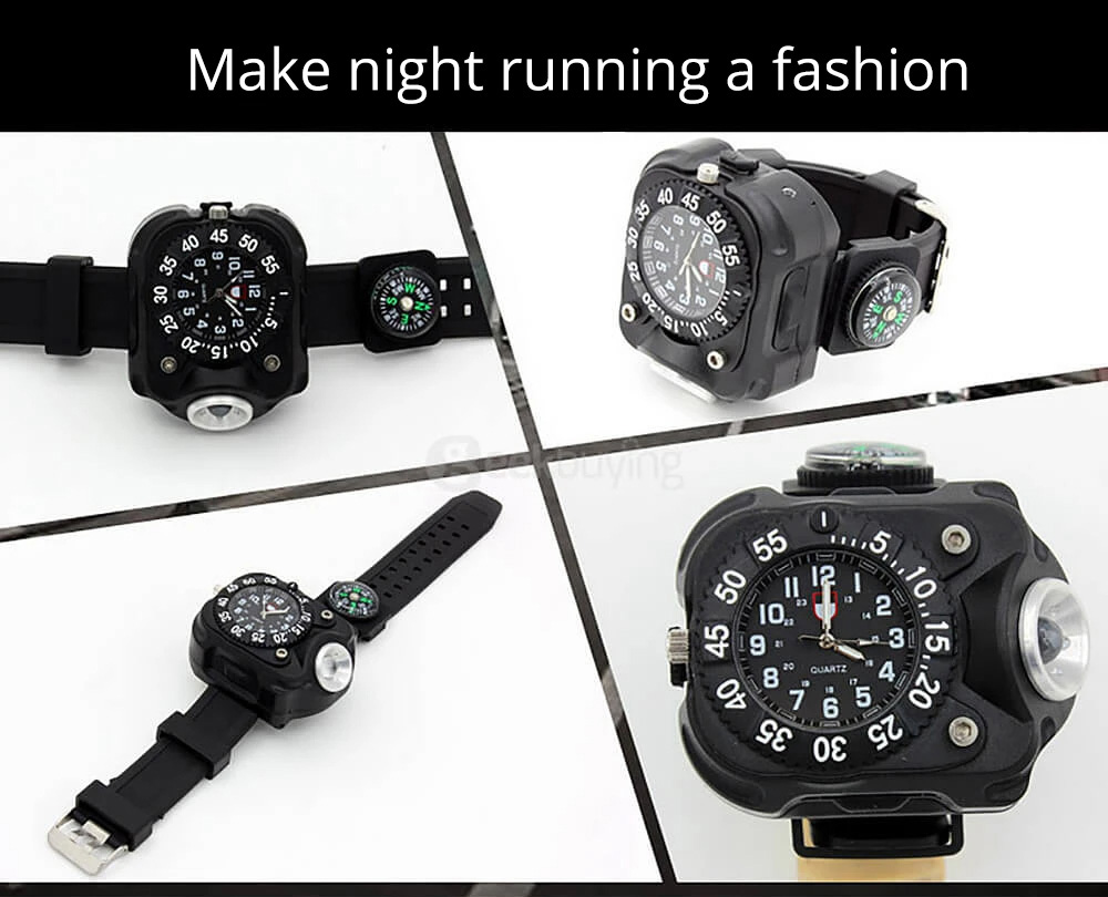 LED Light Wrist Strap Waterproof Watch with Compass, Adjustable 5 Brightness Levels, USB Charging