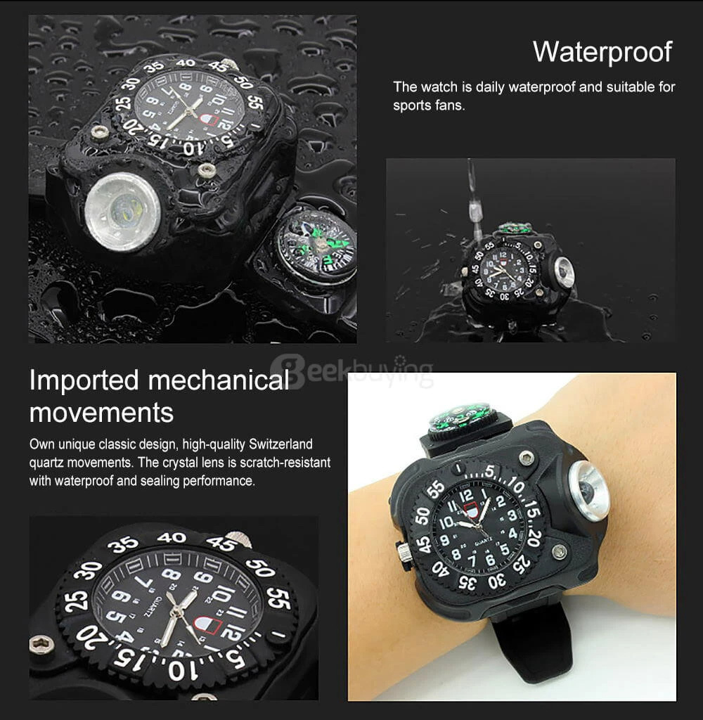 LED Light Wrist Strap Waterproof Watch with Compass, Adjustable 5 Brightness Levels, USB Charging