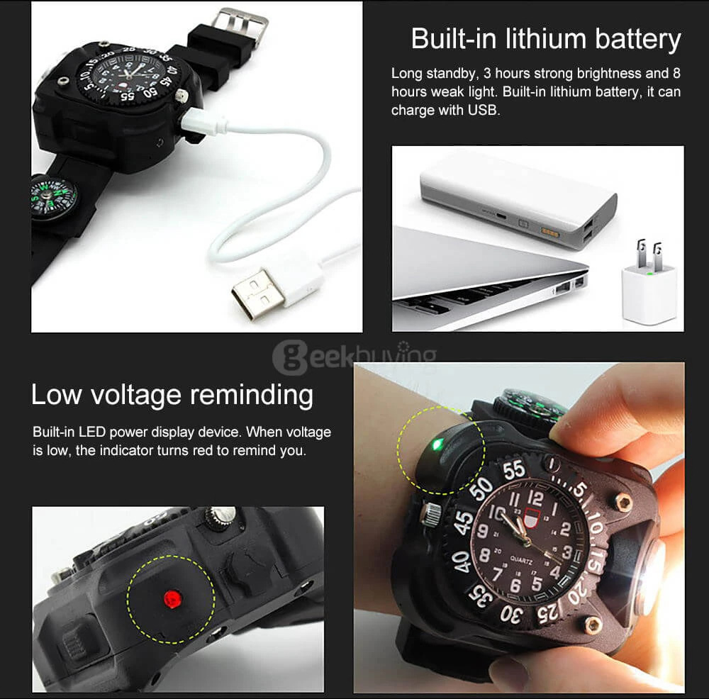 LED Light Wrist Strap Waterproof Watch with Compass, Adjustable 5 Brightness Levels, USB Charging