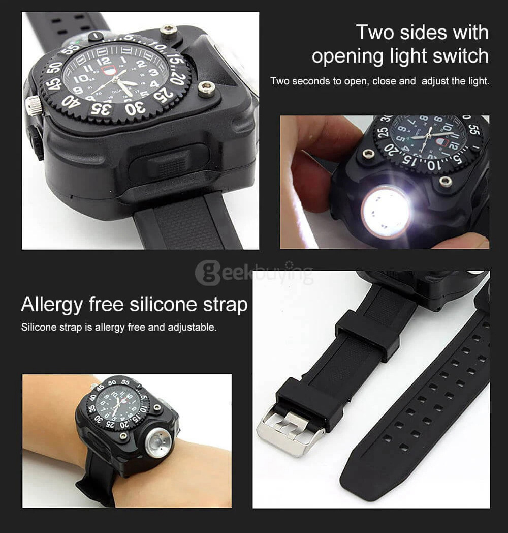 LED Light Wrist Strap Waterproof Watch with Compass, Adjustable 5 Brightness Levels, USB Charging