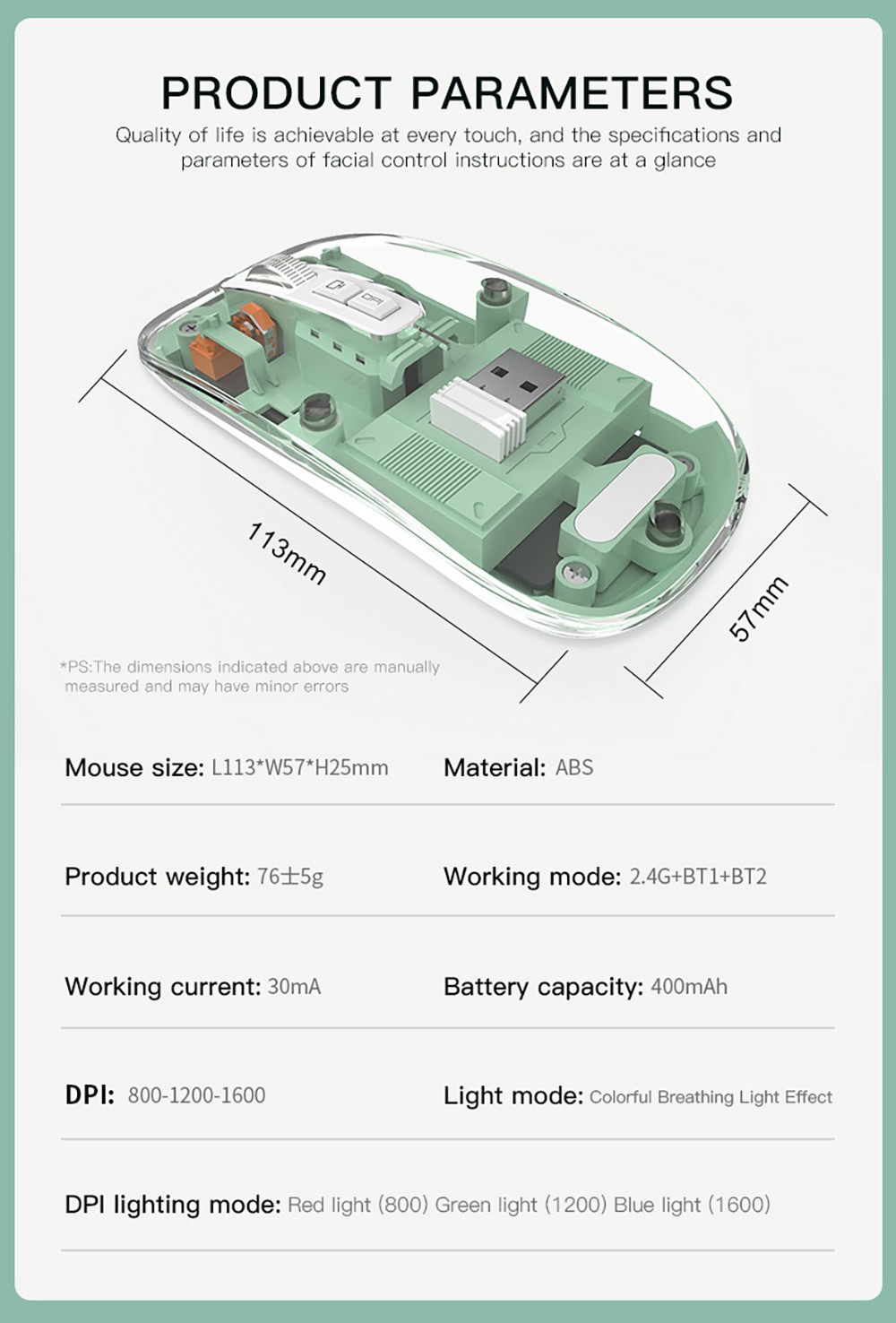 M033 Transparent Wireless Mouse, 3 Connection Modes, 800/1200/1600 DPI, Mute Axis, Colorful Breathing Light Effect - Grey