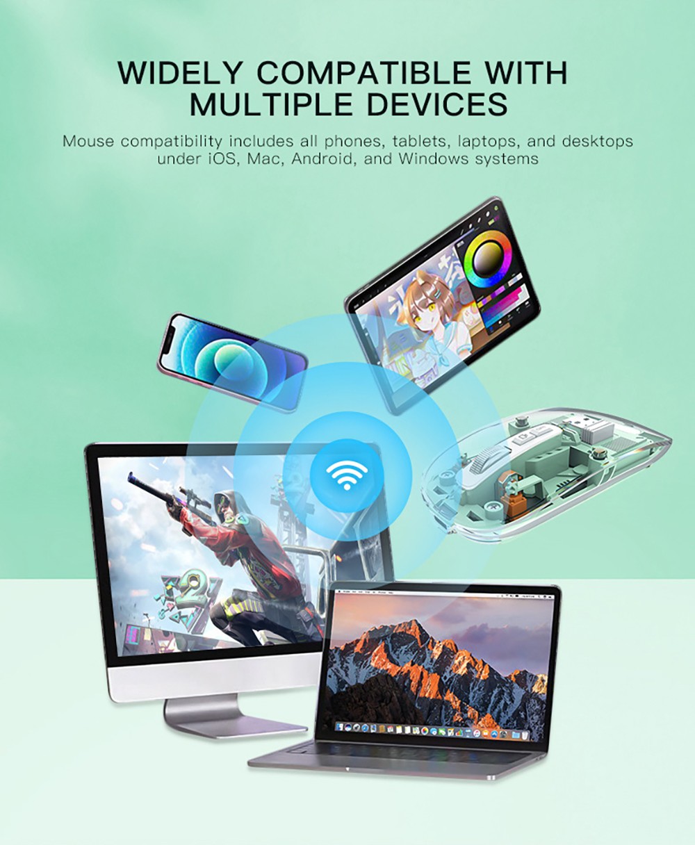 M033 Transparent Wireless Mouse, 3 Connection Modes, 800/1200/1600 DPI, Mute Axis, Colorful Breathing Light Effect - Grey