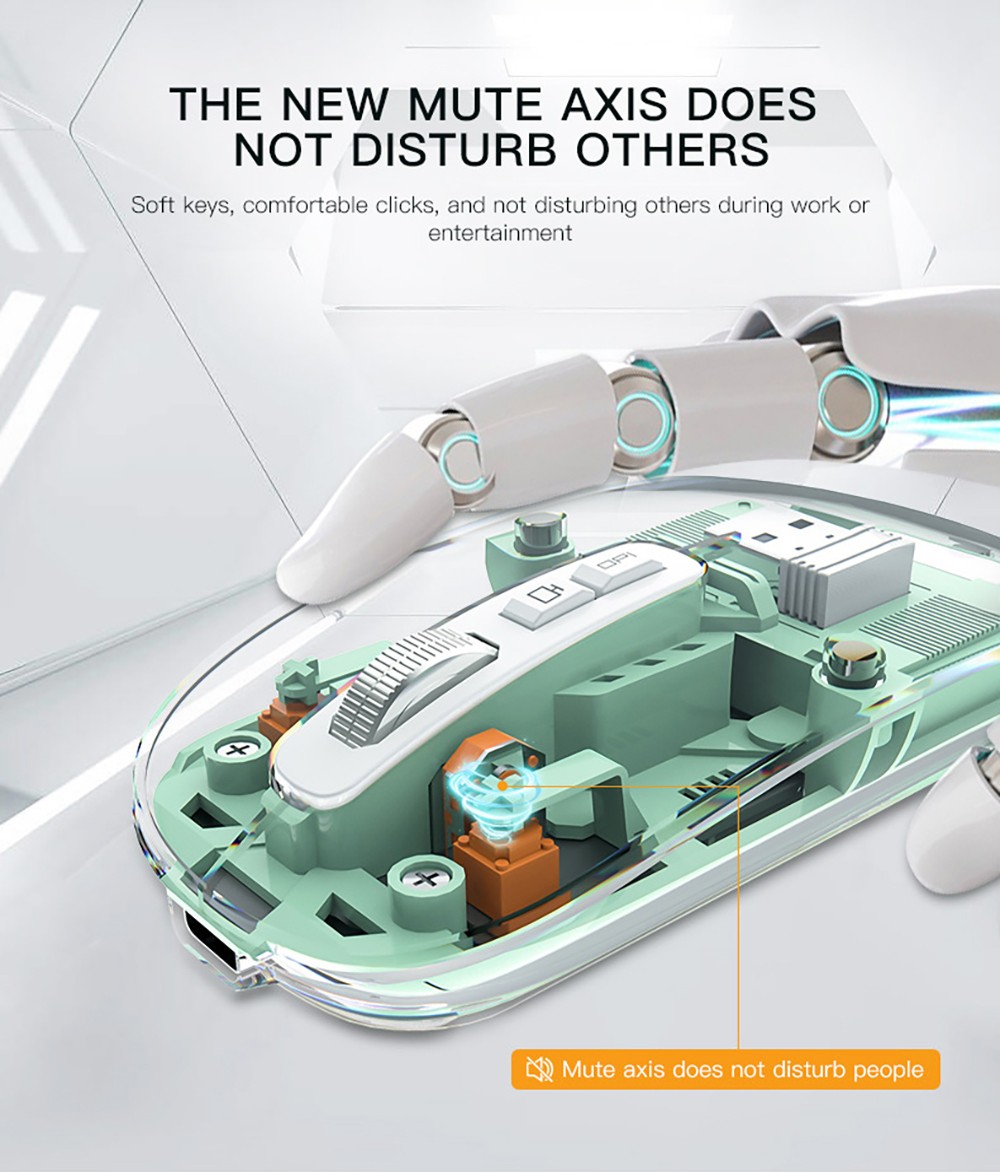 M033 Transparent Wireless Mouse, 3 Connection Modes, 800/1200/1600 DPI, Mute Axis, Colorful Breathing Light Effect - Grey