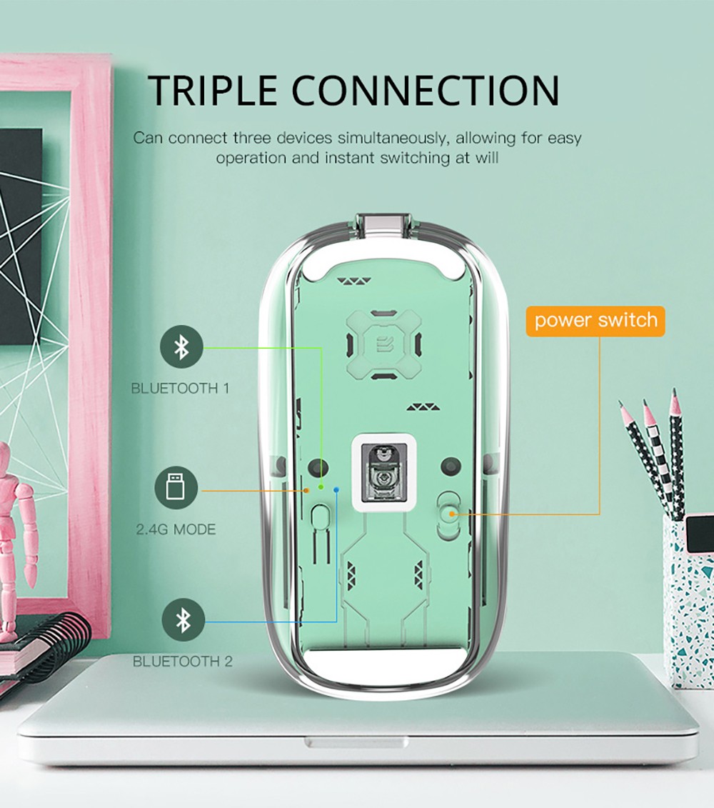 M033 Transparent Wireless Mouse, 3 Connection Modes, 800/1200/1600 DPI, Mute Axis, Colorful Breathing Light Effect - Grey