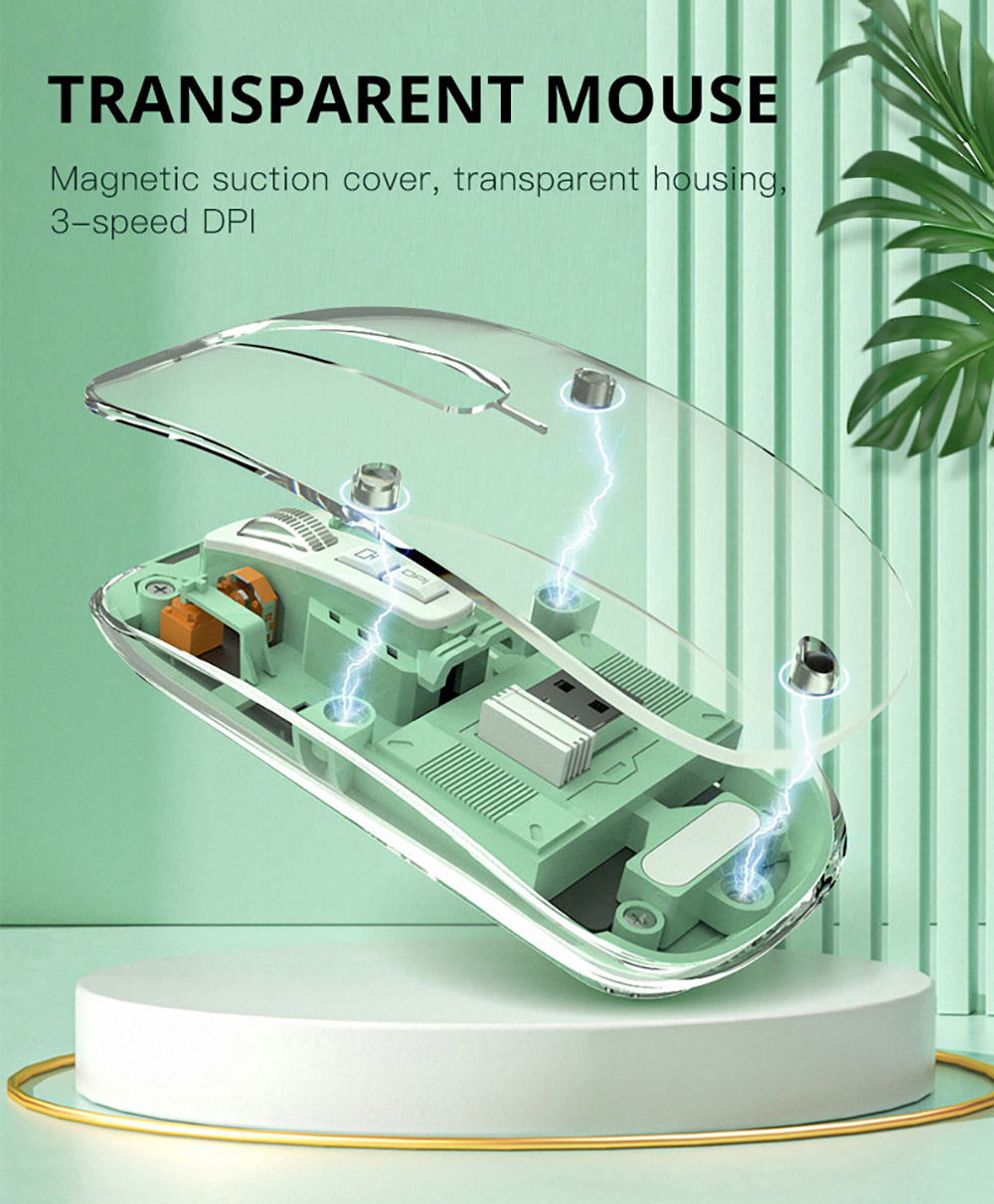 M033 Transparent Wireless Mouse, 3 Connection Modes, 800/1200/1600 DPI, Mute Axis, Colorful Breathing Light Effect - Pink