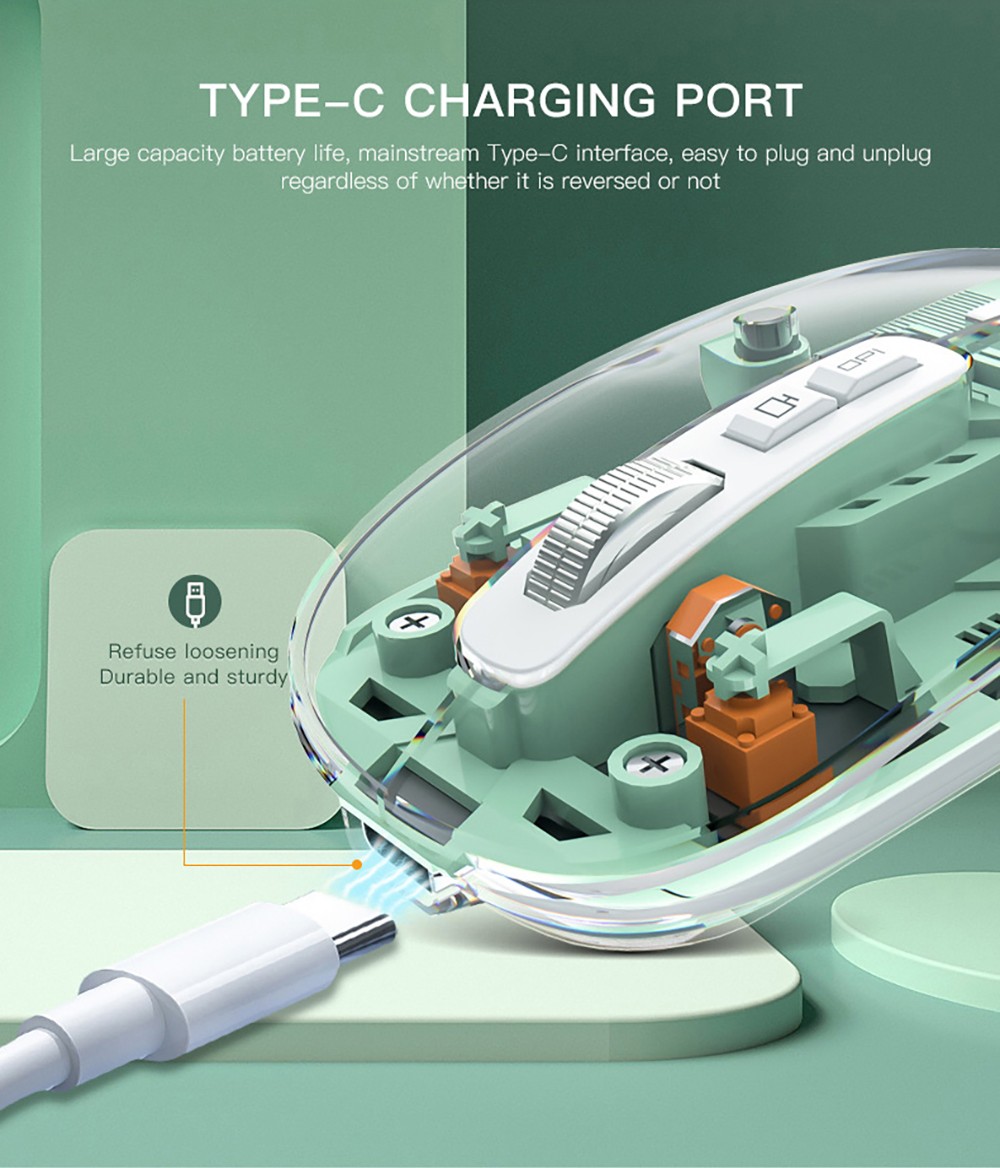 M033 Transparent Wireless Mouse, 3 Connection Modes, 800/1200/1600 DPI, Mute Axis, Colorful Breathing Light Effect - Pink