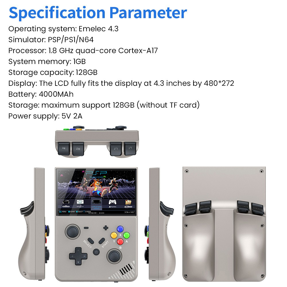 M18 R43 Pro Handheld Game Console, 4.3-inch LCD Screen, Emelec 4.3 OS, 1GB RAM 4GB Storage 128GB TF Card, Supports 25 Simulator, 30500 Games Preinstalled, 4000mAh Battery - Grey