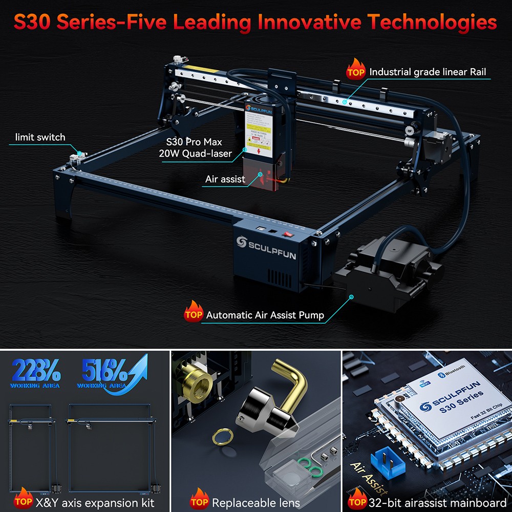 SCULPFUN S30 Pro Max 20W Laser Engraver Cutter, Automatic Air-assist, Replaceable Lens, 32-bit Motherboard, 410x400mm