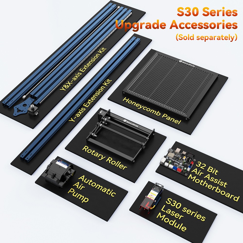 SCULPFUN S30 Pro Max 20W Laser Engraver Cutter, Automatic Air-assist, Replaceable Lens, 32-bit Motherboard, 410x400mm