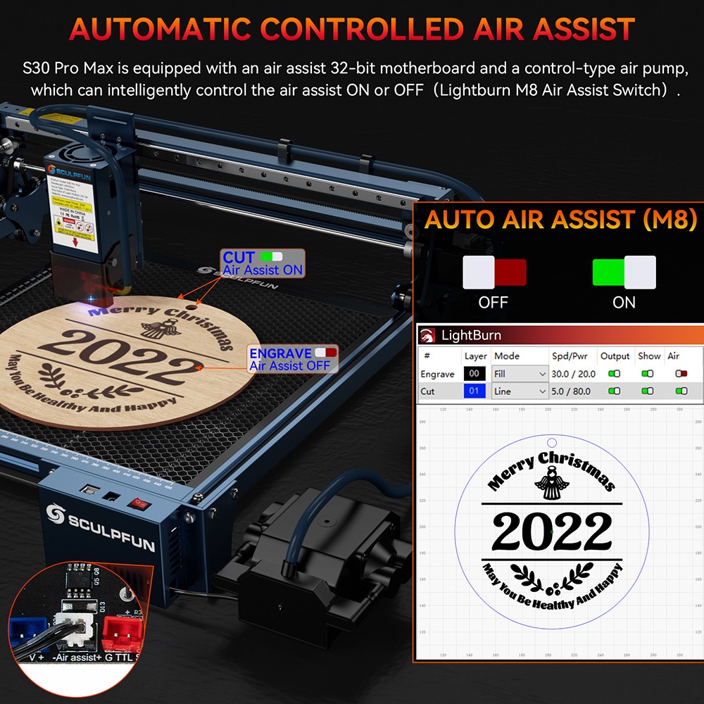 SCULPFUN S30 Pro Max 20W Laser Engraver Cutter, Automatic Air-assist, Replaceable Lens, 32-bit Motherboard, 410x400mm