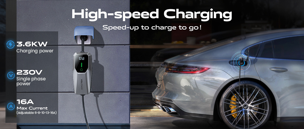 VDL EC11 Portable EV Charger, 3.6KW Fast Charging, 16A Max Current, 2-Pin EU Schuko Plug, 5m Charging Cable, IP65 Waterproof, for IEC 62196-2 Standard