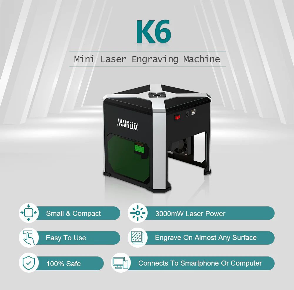 WAINLUX K6 Mini Laser Engraver Cutter, 3W Laser Power, 0.05mm Precision, Adjustable Focus, Offline Engraving, Built-in Exhaust Fan, App Connection, 80*80mm - UK Plug