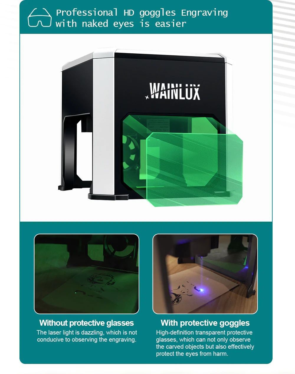 WAINLUX K6 Mini Laser Engraver Cutter, 3W Laser Power, 0.05mm Precision, Adjustable Focus, Offline Engraving, Built-in Exhaust Fan, App Connection, 80*80mm - UK Plug