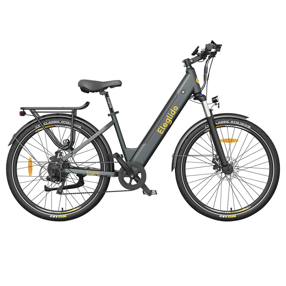 Eleglide T1 Step-Thru Electric Trekking Bike 27.5 Inch CST Tires 36V 13Ah Battery 250W Brushless Motor 25Km/h Shimano 7 Gears 100km Max Range IPX4 Waterproof 120kg Max Load Dual Disk Brakes - Grey