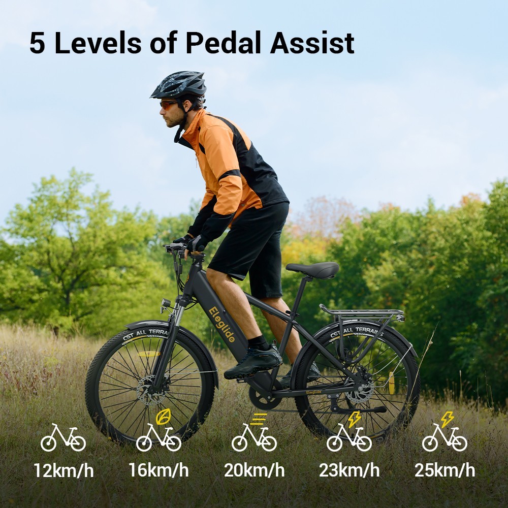 Eleglide T1 Electric Trekking E-Bike 27.5 Inch Tires 36V 13Ah Battery 250W Motor Shimano 7 Gears, Max Speed 25Km/h Max Range 100km IPX4 Waterproof Dual Disk Brake - Black