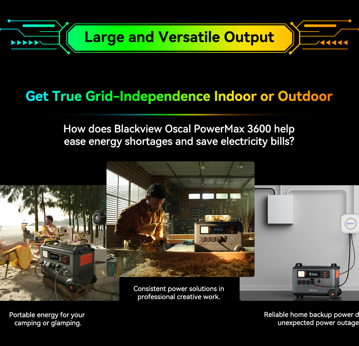 Blackview Oscal PowerMax 3600 Rugged Power Station, 3600Wh to 57600Wh LiFePO4 Battery, 14 Outlets, 5 LED Light Modes, Morse Code Signal
