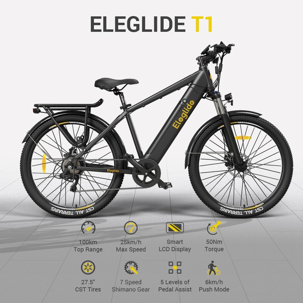 Eleglide T1 Electric Trekking E-Bike 27.5 Inch Tires 36V 13Ah Battery 250W Motor Shimano 7 Gears, Max Speed 25Km/h Max Range 100km IPX4 Waterproof Dual Disk Brake - Black