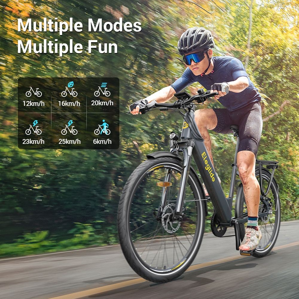 Eleglide T1 Step-Thru Electric Trekking Bike 27.5 Inch CST Tires 36V 13Ah Battery 250W Brushless Motor 25Km/h Shimano 7 Gears 100km Max Range IPX4 Waterproof 120kg Max Load Dual Disk Brakes - Grey