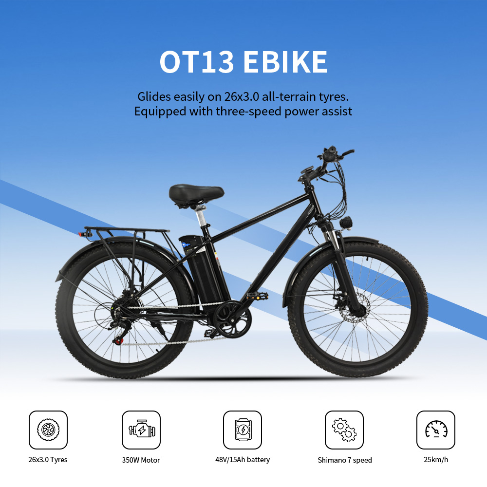 OT13 Electric Bike, 26*3 inch Fat Tires 350W Motor 48V15Ah Battery 25km/h Max Speed 100km Max Range
