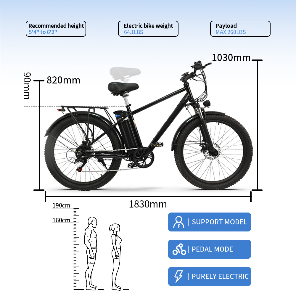 OT13 Electric Bike, 26*3 inch Fat Tires 350W Motor 48V15Ah Battery 25km/h Max Speed 100km Max Range