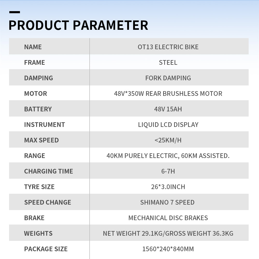 OT13 Electric Bike, 26*3 inch Fat Tires 350W Motor 48V15Ah Battery 25km/h Max Speed 100km Max Range
