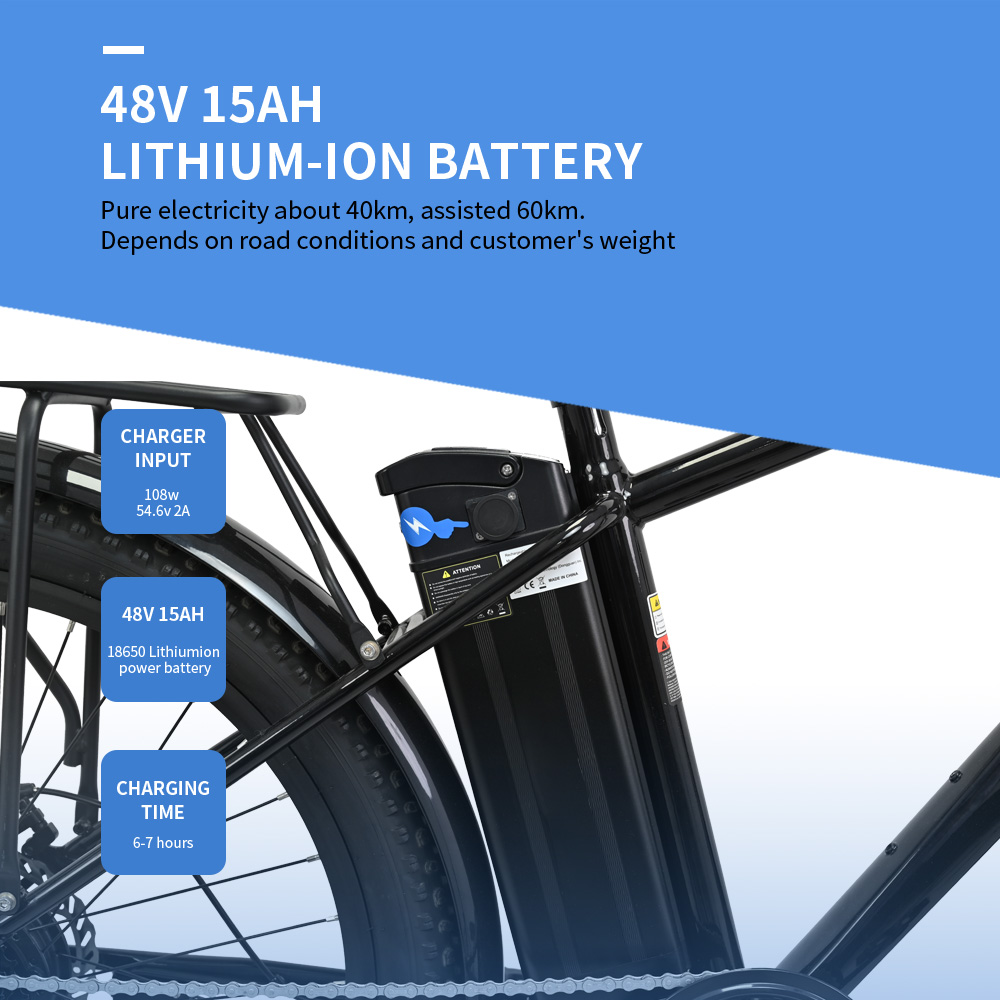 OT13 Electric Bike, 26*3 inch Fat Tires 350W Motor 48V15Ah Battery 25km/h Max Speed 100km Max Range