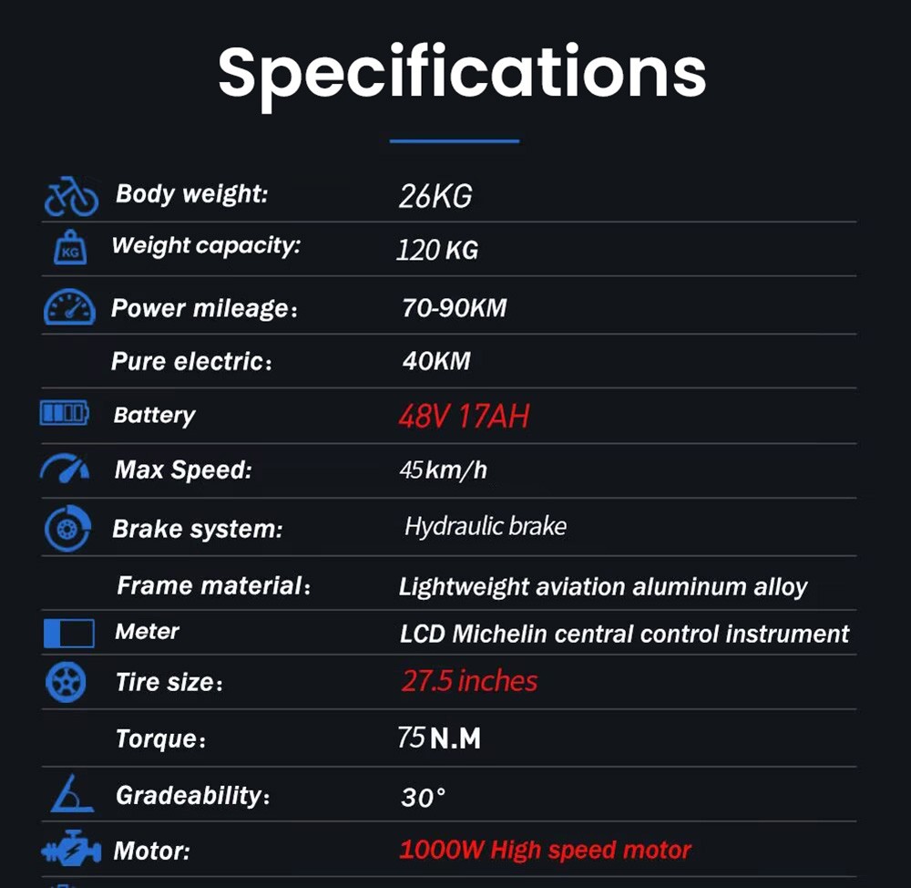 RANDRIDE YG90A Electric Bike 1000W Motor 45km/h Max Speed 48V 17Ah Battery 70-90KM Max Range 27.5*2.4'' CST Tires 120kg Load Shimano 21 Gears - Blue