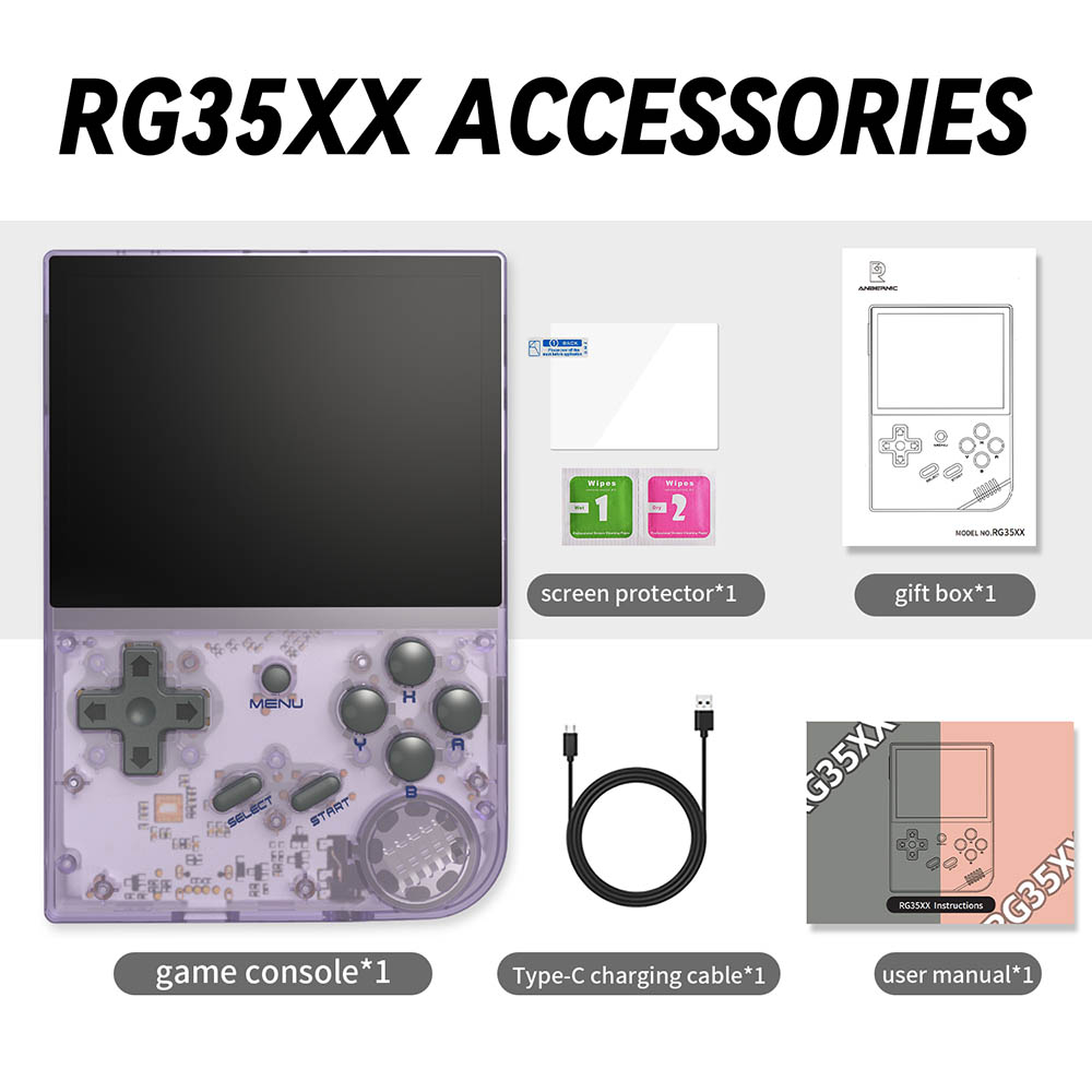 ANBERNIC RG35XX (2024 Version) Game Console, 3.5 Inch IPS Screen, Linux System, 64GB+128GB TF Card with 10000+ Games, 7 Hours of Playtime - Transparent Purple