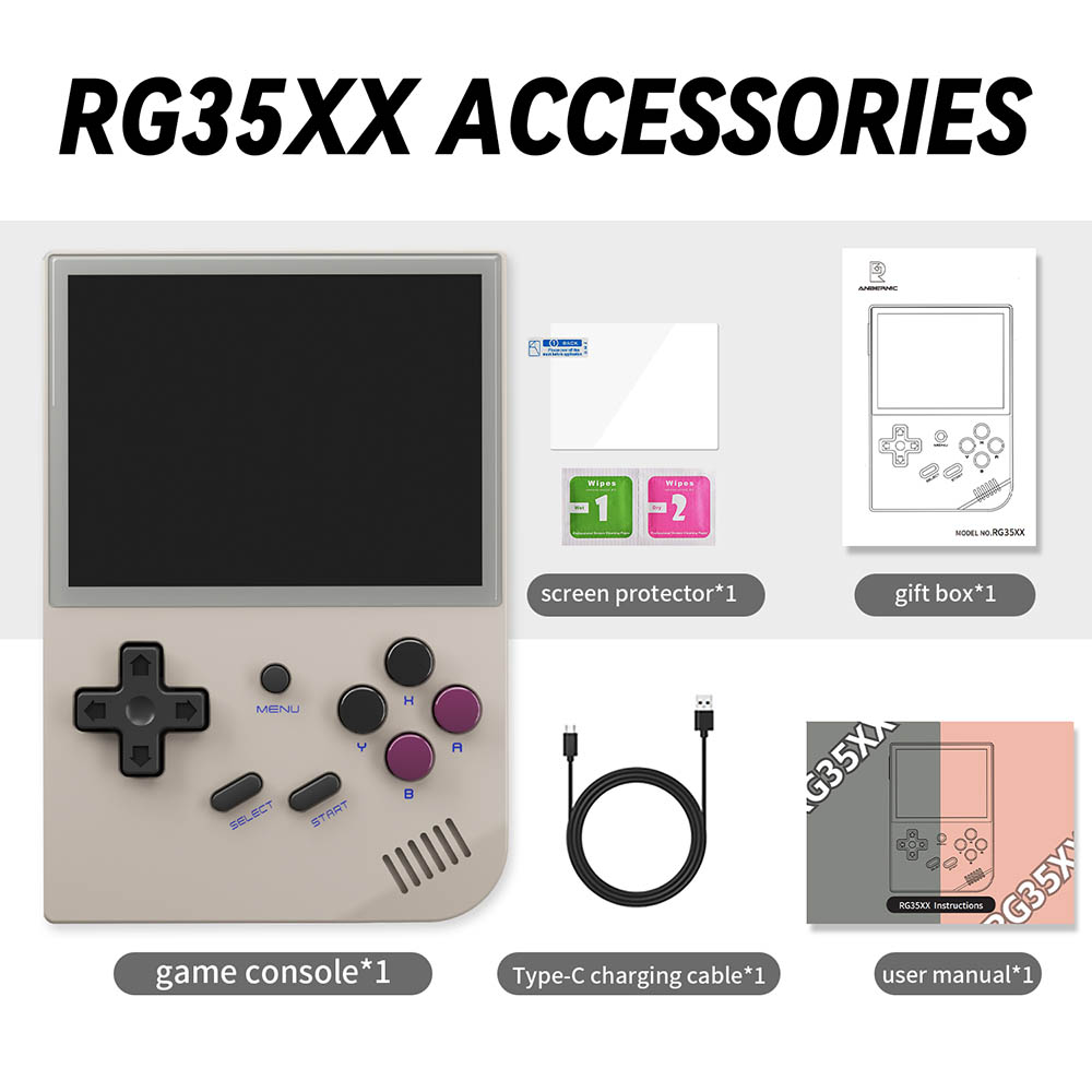 ANBERNIC RG35XX (2024 Version) Game Console, 3.5 Inch IPS Screen, Linux System, 64GB+64GB TF Card with 5000+ Games, 7 Hours of Playtime - Grey