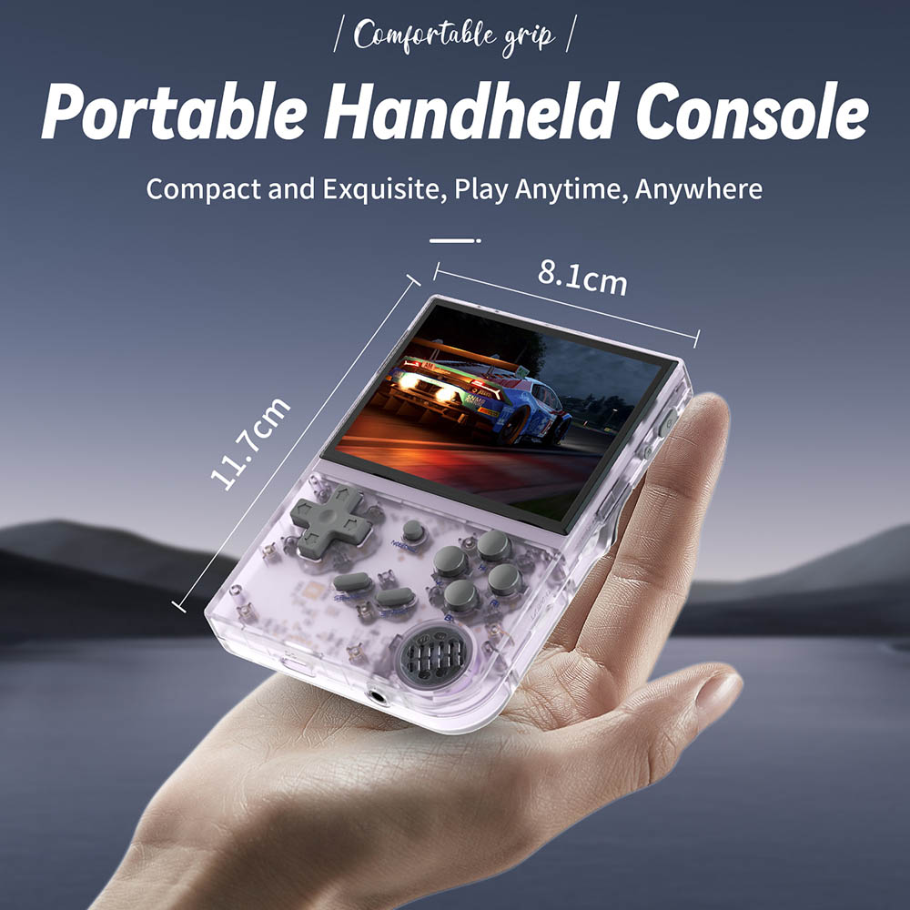 ANBERNIC RG35XX (2024 Version) Game Console, 3.5 Inch IPS Screen, Linux System, 64GB+64GB TF Card with 5000+ Games, 7 Hours of Playtime - Transparent Purple