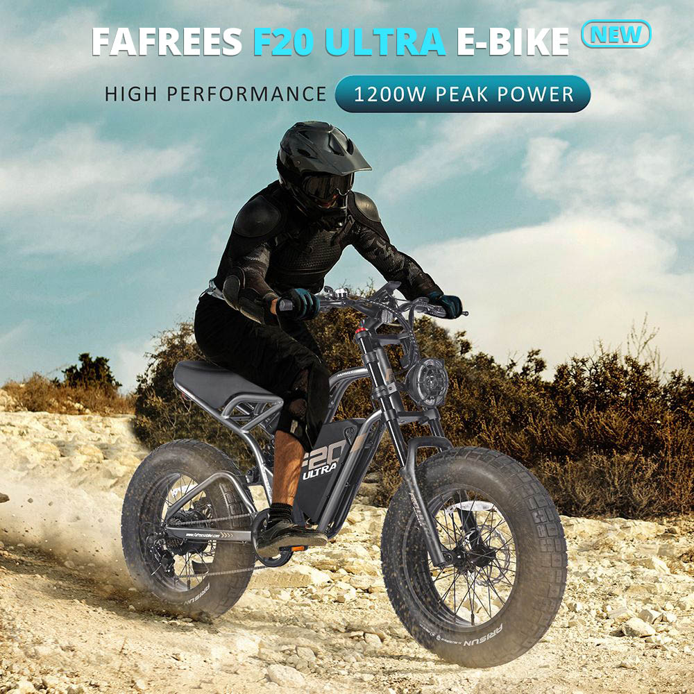 Vélo électrique FAFREES F20 ULTRA, moteur 750 W, batterie 48 V 25 Ah, pneus larges 20 x 5 pouces, vitesse maximale 25 km/h, autonomie 80-100 km, SHIMANO 7 vitesses, freins à disque mécaniques - Noir