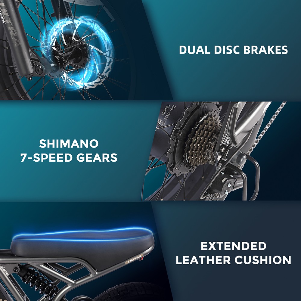 Vélo électrique FAFREES F20 ULTRA, moteur 750 W, batterie 48 V 25 Ah, pneus larges 20 x 5 pouces, vitesse maximale 25 km/h, autonomie 80-100 km, SHIMANO 7 vitesses, freins à disque mécaniques - Noir