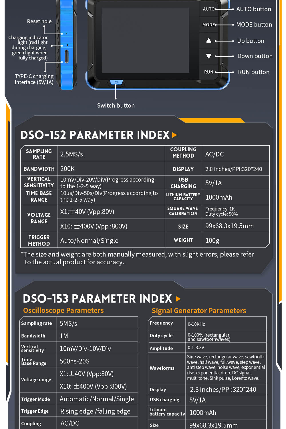 FNIRSI DSO153 Digital Oscilloscope, 2.8inch Screen, Automatic Adjustment, 1000mAh Lithium Battery, 1KHz Calibration Square Wave, 1Mhz Bandwidth, 5MS/s Sample Rate, Standard Version