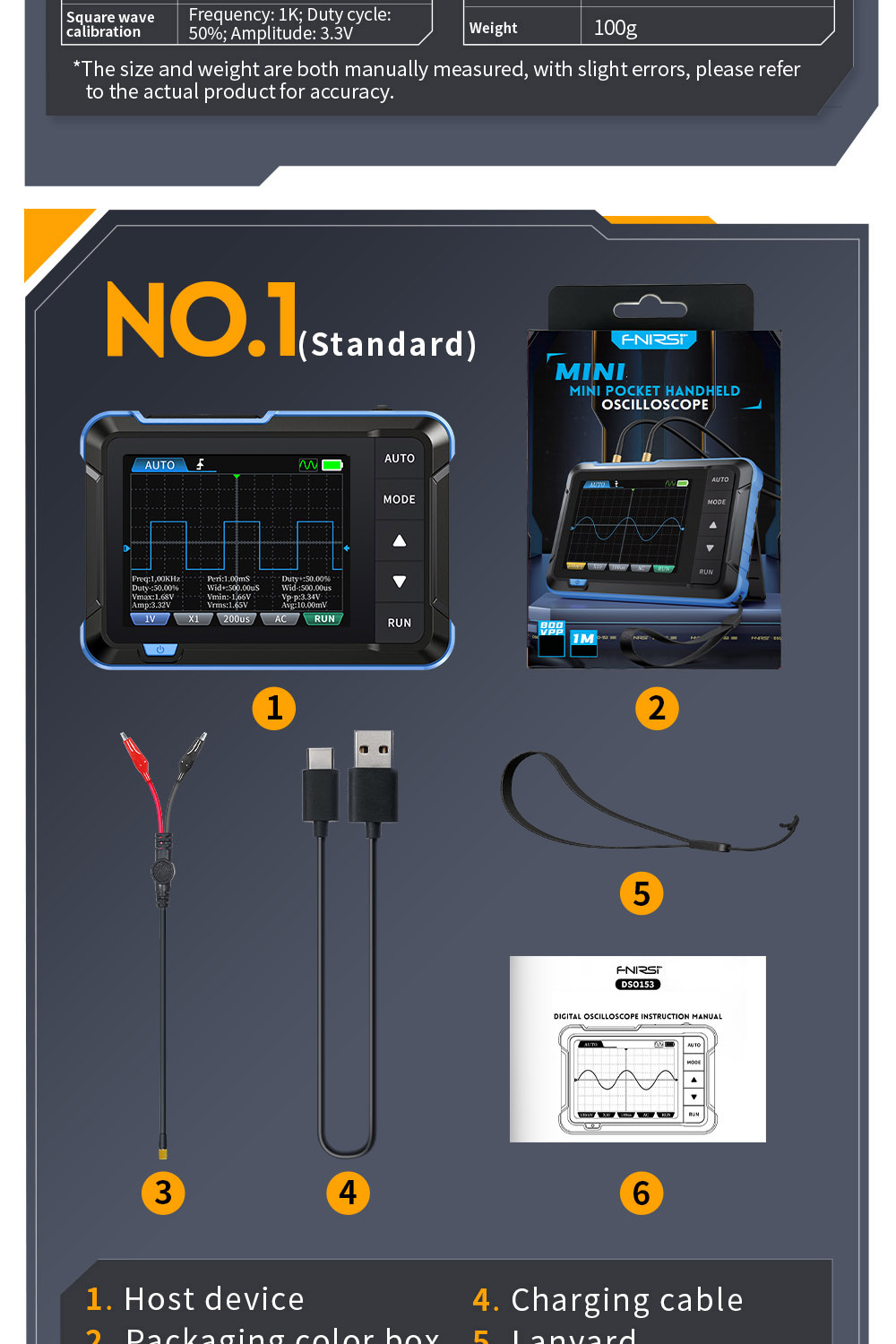 FNIRSI DSO153 Digital Oscilloscope, 2.8inch Screen, Automatic Adjustment, 1000mAh Lithium Battery, 1KHz Calibration Square Wave, 1Mhz Bandwidth, 5MS/s Sample Rate, Standard Version