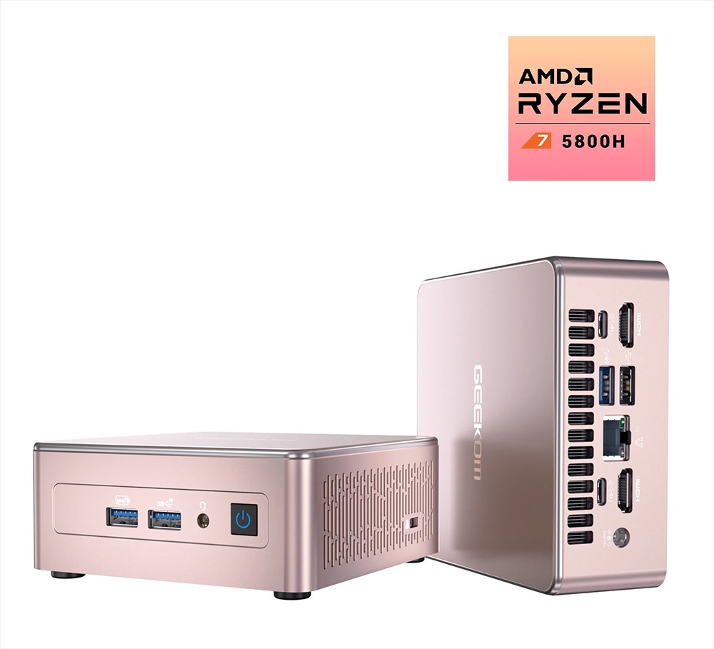 GEEKOM A5 Mini PC, AMD Ryzen 7 5800H 8 Cores Up to 4.40GHz, 32GB RAM 512GB SSD, WiFi 6 Bluetooth 5.2, 2*USB3.2 Type-C + 2*HDMI2.0 4 Screens Display, 3*USB3.2 Type-A 1*USB2.0 1*2.5G RJ45 1*SD Card Reader 1*RJ45 1*3.5mm Headphone Jack