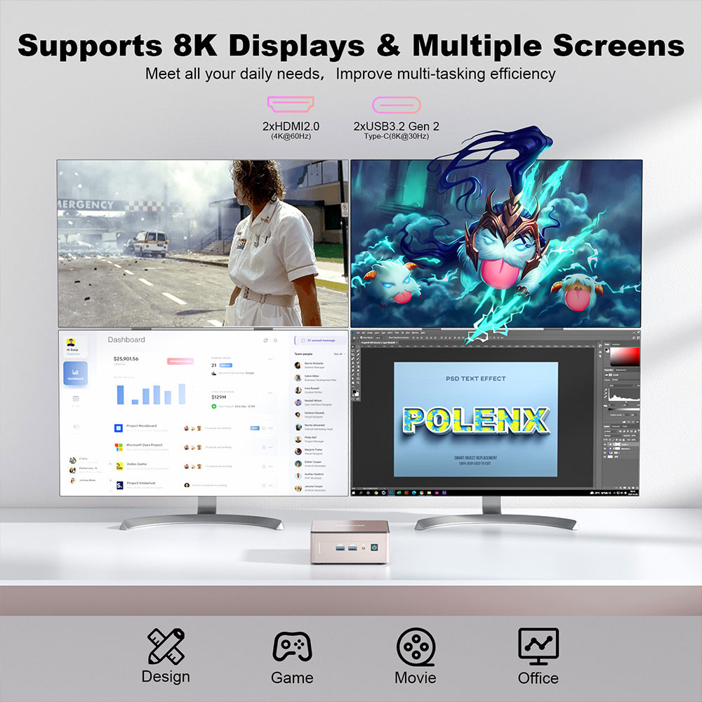 GEEKOM A5 Mini PC, AMD Ryzen 7 5800H 8 Cores Up to 4.40GHz, 32GB RAM 512GB SSD, WiFi 6 Bluetooth 5.2, 2*USB3.2 Type-C + 2*HDMI2.0 4 Screens Display, 3*USB3.2 Type-A 1*USB2.0 1*2.5G RJ45 1*SD Card Reader 1*RJ45 1*3.5mm Headphone Jack