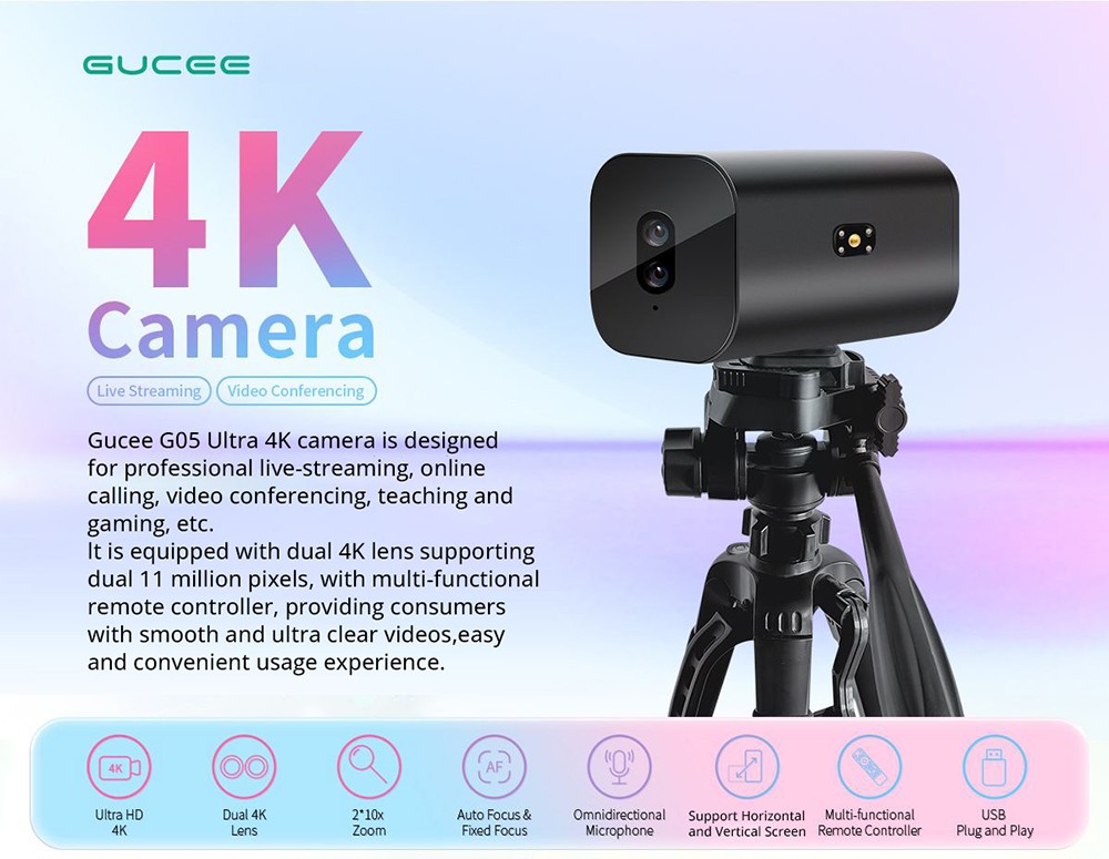 GUCEE G05-4K Camera, 4K Ultra HD, 2*10x Zoom, Auto Focus & Fixed Focus, Support Horizontal & Vertical Screen - EU Plug