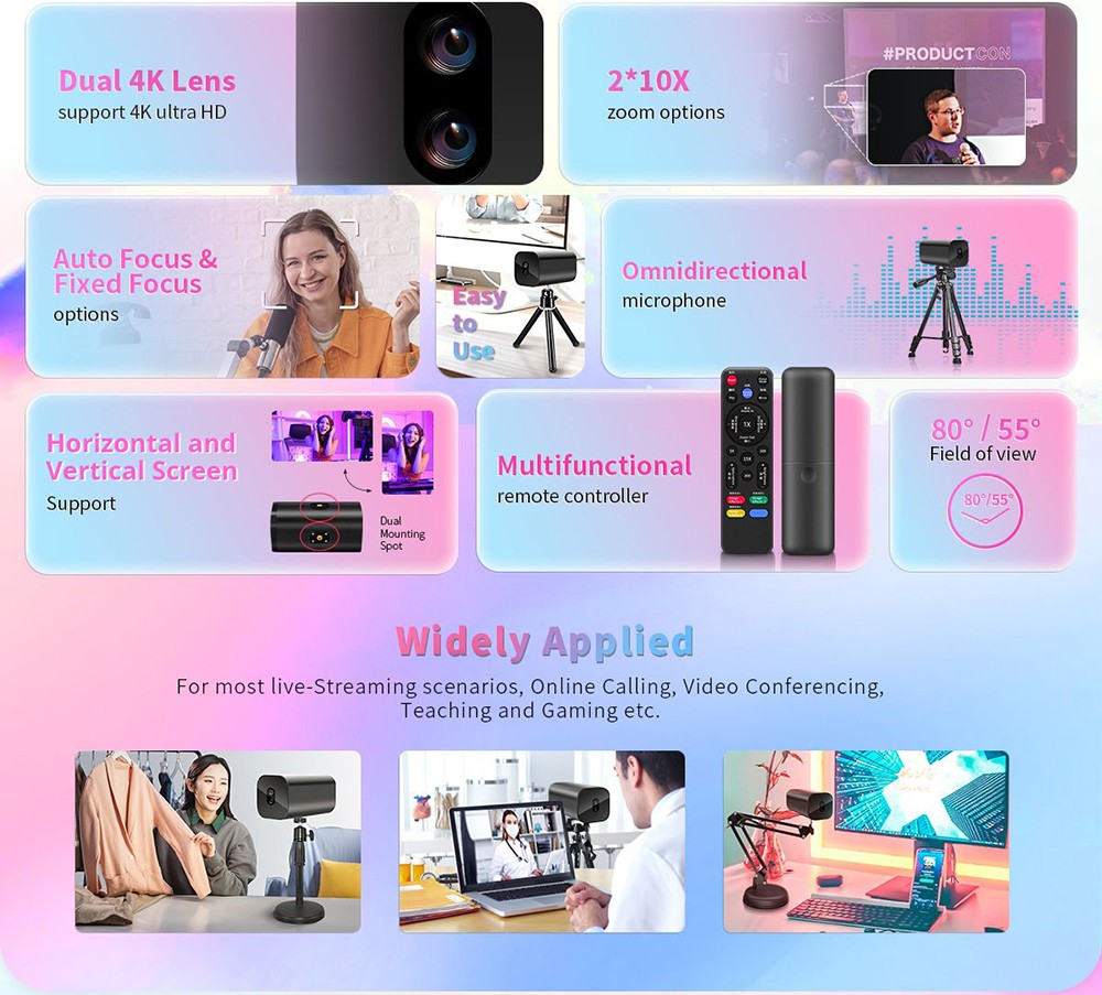 GUCEE G05-4K Camera, 4K Ultra HD, 2*10x Zoom, Auto Focus & Fixed Focus, Support Horizontal & Vertical Screen - EU Plug