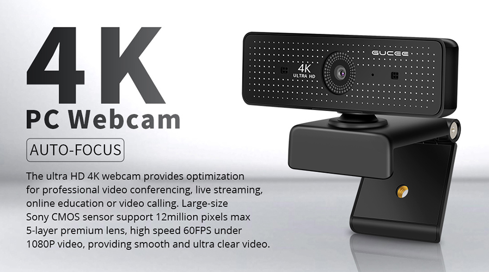 GUCEE HD86-4KAF Webcam, 4K Ultra HD, Auto Focus, 10x Digital Zoom, Built-in Microphone, High-speed 60F/S - EU Plug