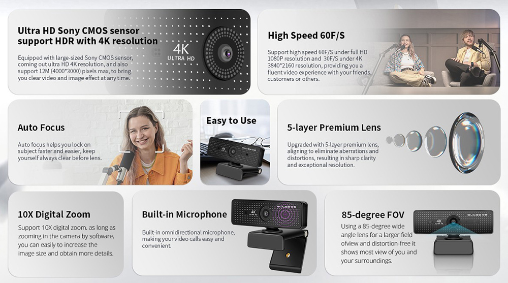 GUCEE HD86-4KAF Webcam, 4K Ultra HD, Auto Focus, 10x Digital Zoom, Built-in Microphone, High-speed 60F/S - EU Plug